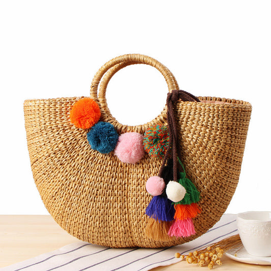 Sac Luna Panier Rond en Paille avec Pompons Colorés