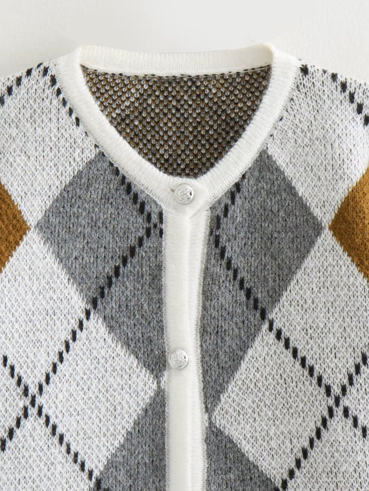 Cardigan Piedex Tricoté à Col Rond Motif Losange