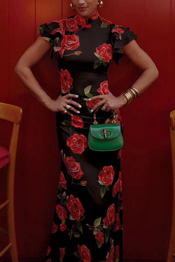 Robe Lian Sans Manches Imprimée Inspiration Cheongsam