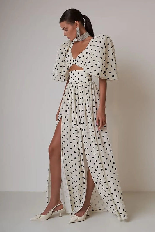 Robe Midi à Pois et Fente Escapade au Bord de Mer