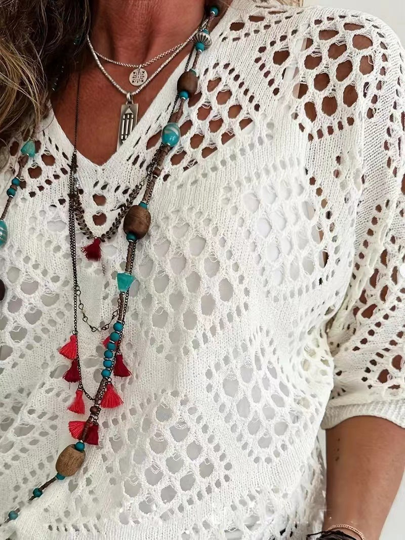 Top Nahla Tricot Crocheté à Manches Longues