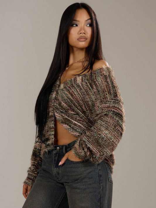 Cardigan Femme Rayé d’Hiver – Pull Tricoté Court à Boutons Chic