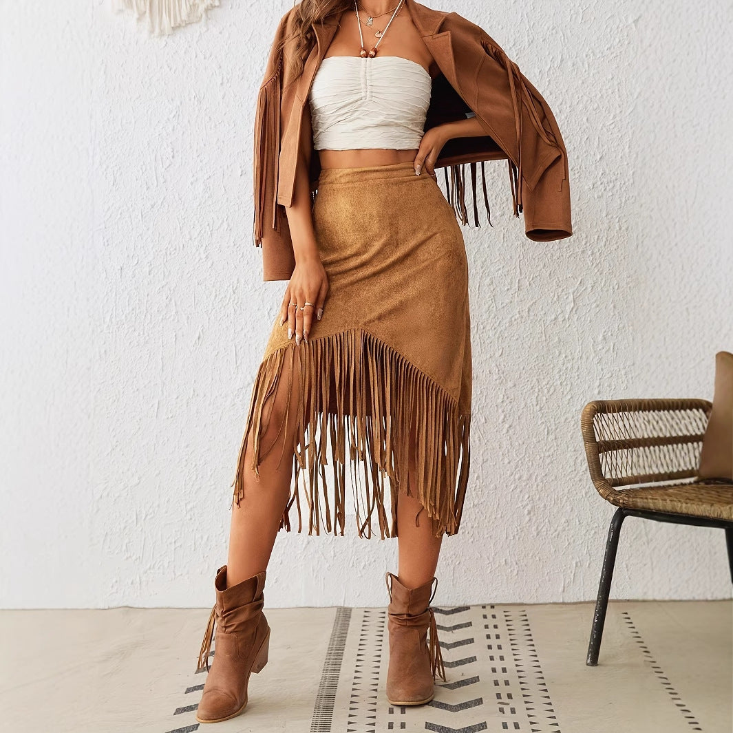 Jupe Rodea à Franges Taille Haute en Suédine