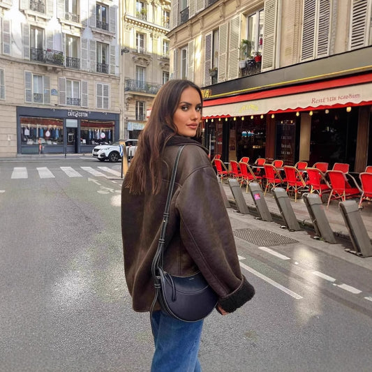 Blouson Double Face Effet Mouton avec Col Reverse