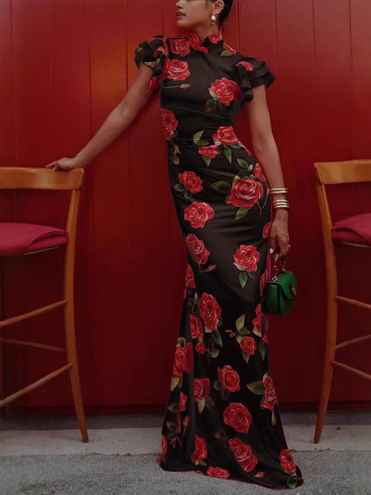 Robe Lian Sans Manches Imprimée Inspiration Cheongsam