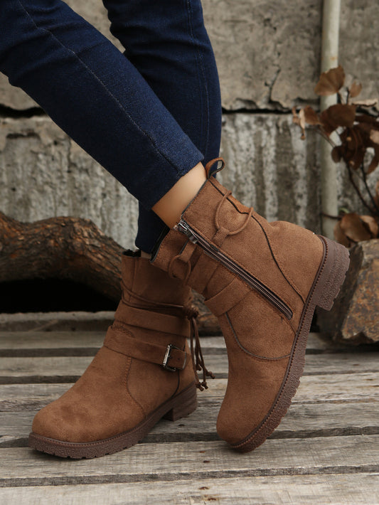 Bottines Courtes à Bout Rond avec Fermeture Éclair Latérale