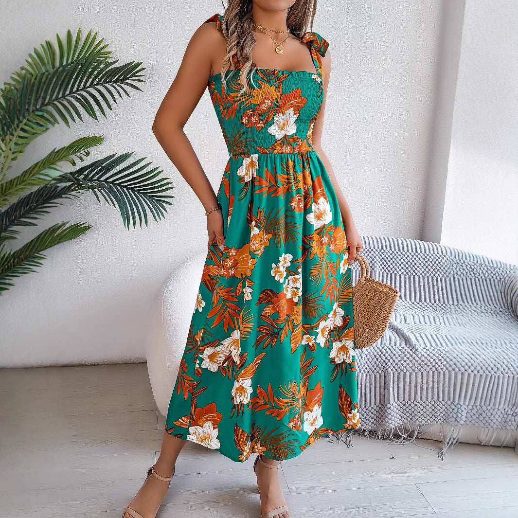 Robe Longue à Bretelles avec Corset à Imprimé Floral