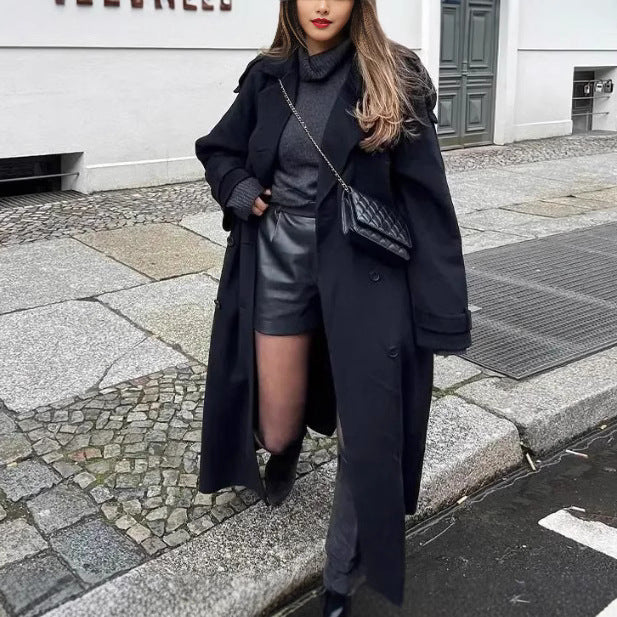 Manteau Long à Col Revers et Boucles Doubles – Élégance Décontractée