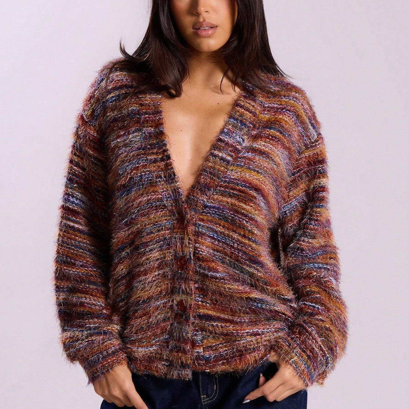 Cardigan Femme Rayé d’Hiver – Pull Tricoté Court à Boutons Chic
