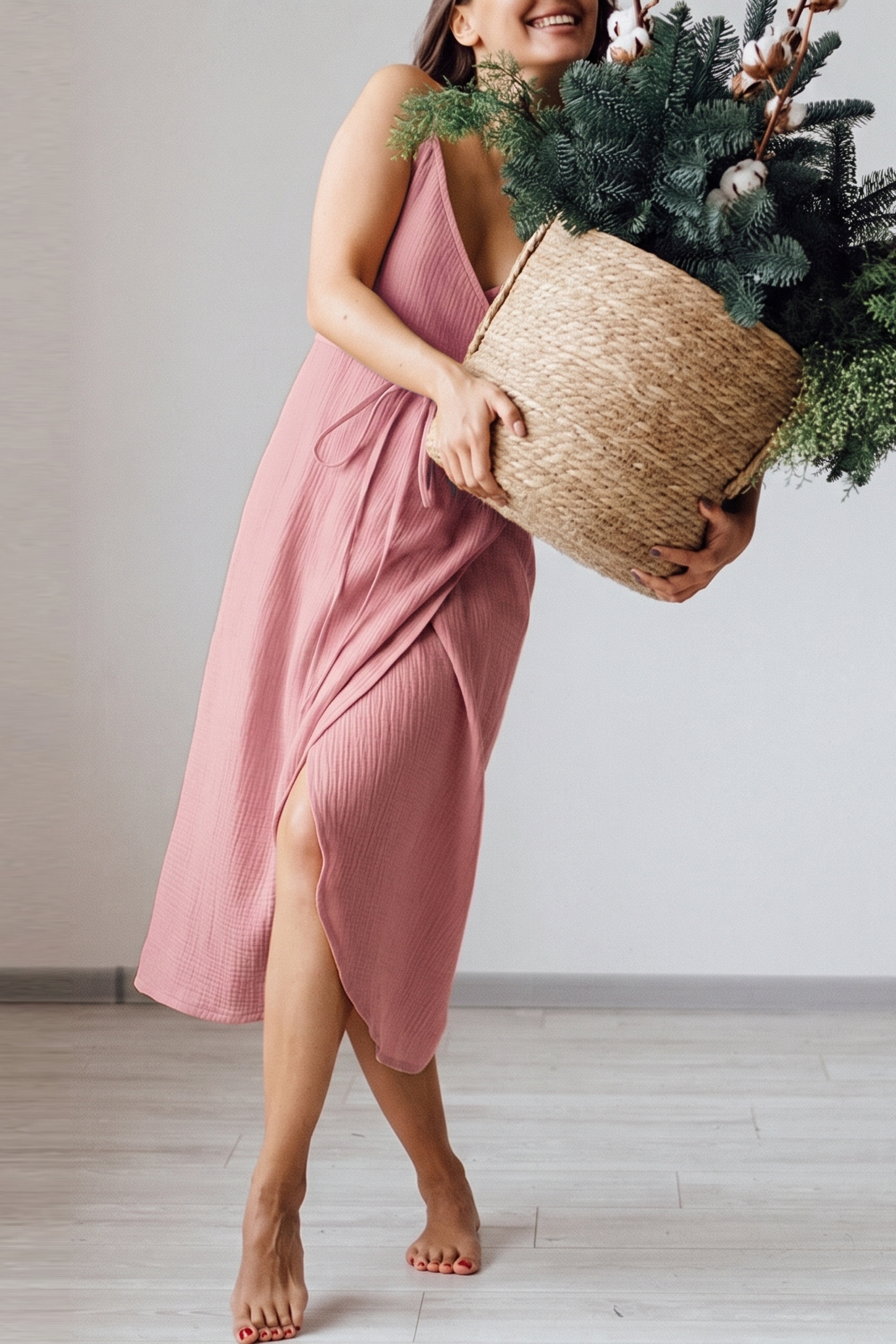 Robe Rosé — Maxi Gaze de Coton & Lien Cintré