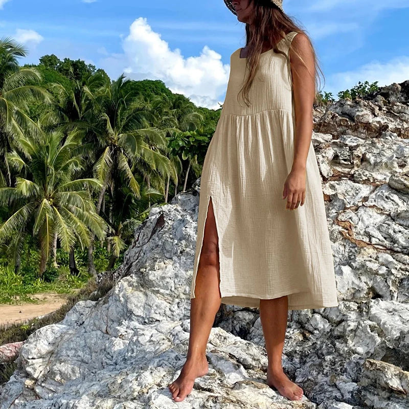 Robe Calanque — Midi Gaze de Coton & Fente Latérale