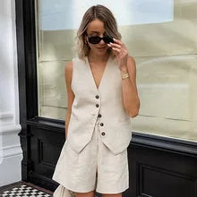 Ensemble Margaux — Veste sans Manches & Short Coton-Lin