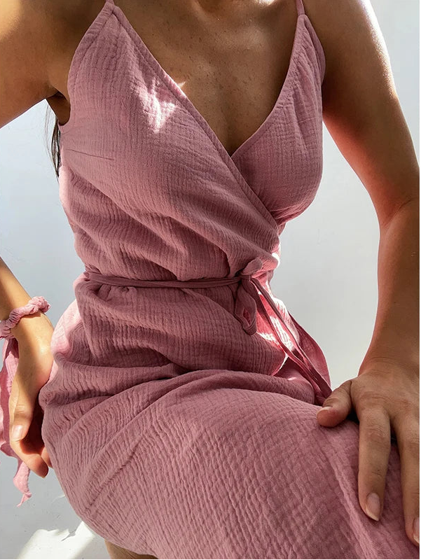 Robe Rosé — Maxi Gaze de Coton & Lien Cintré
