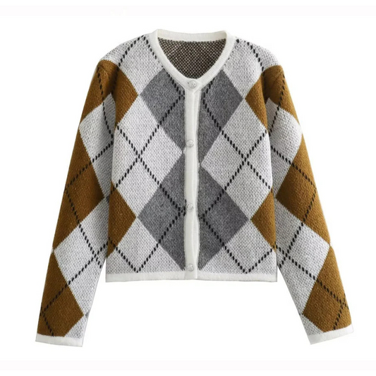 Cardigan Piedex Tricoté à Col Rond Motif Losange