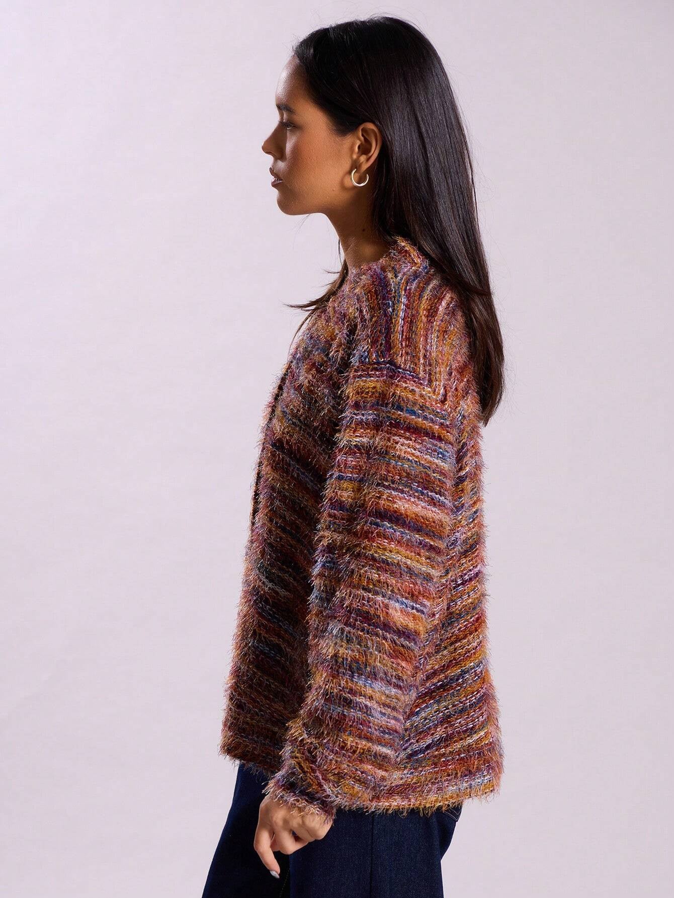 Cardigan Femme Rayé d’Hiver – Pull Tricoté Court à Boutons Chic