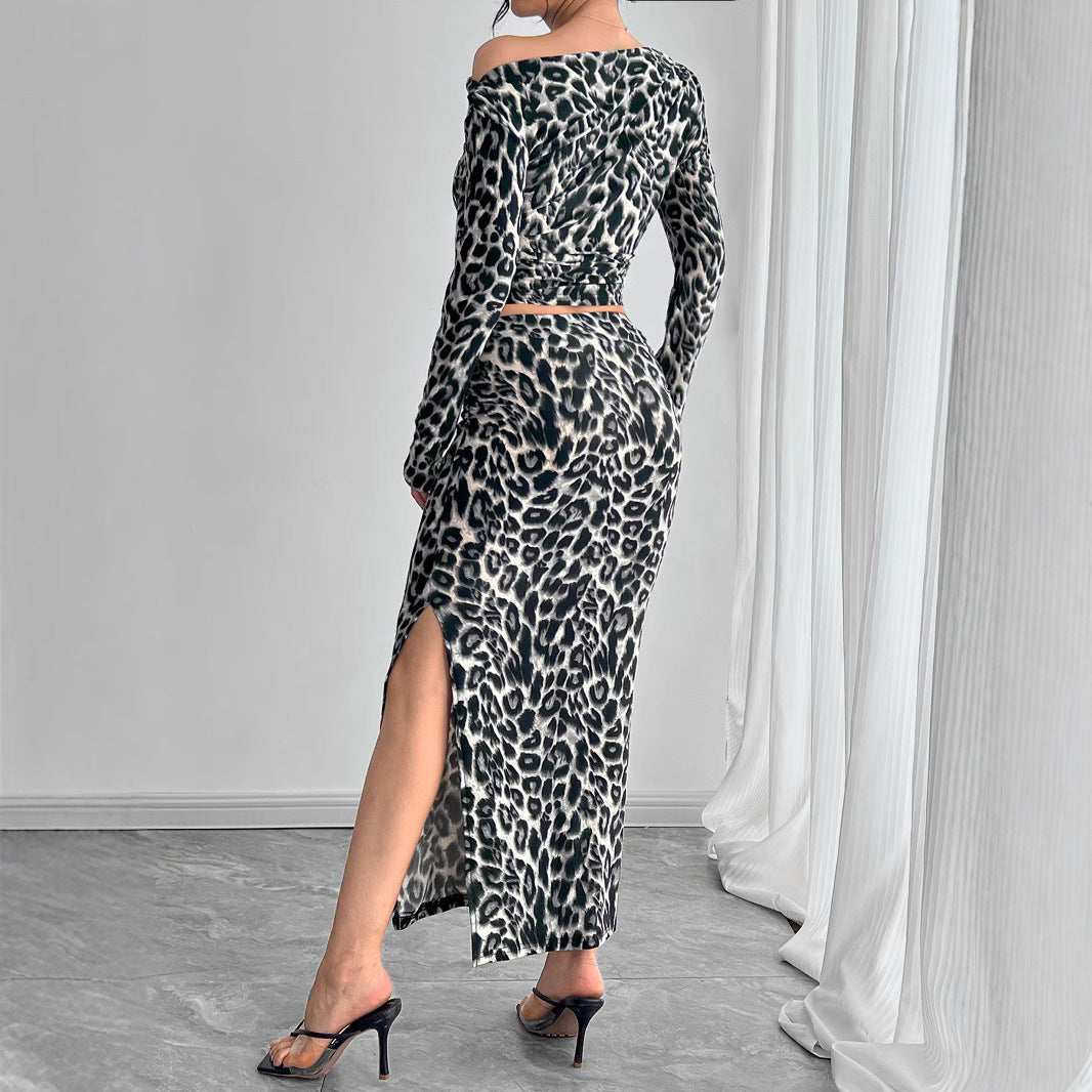 Ensemble Féline Robe Longue Imprimé Léopard et Haut Ajusté