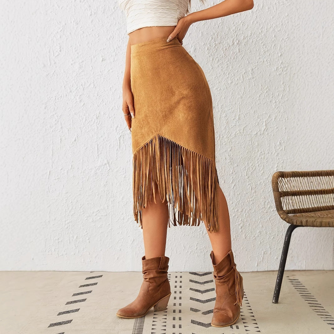 Jupe Rodea à Franges Taille Haute en Suédine
